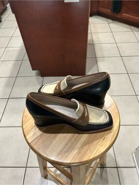 Sanctuary Tri-Tone Wedge Loafers in Black, Brown & Cream